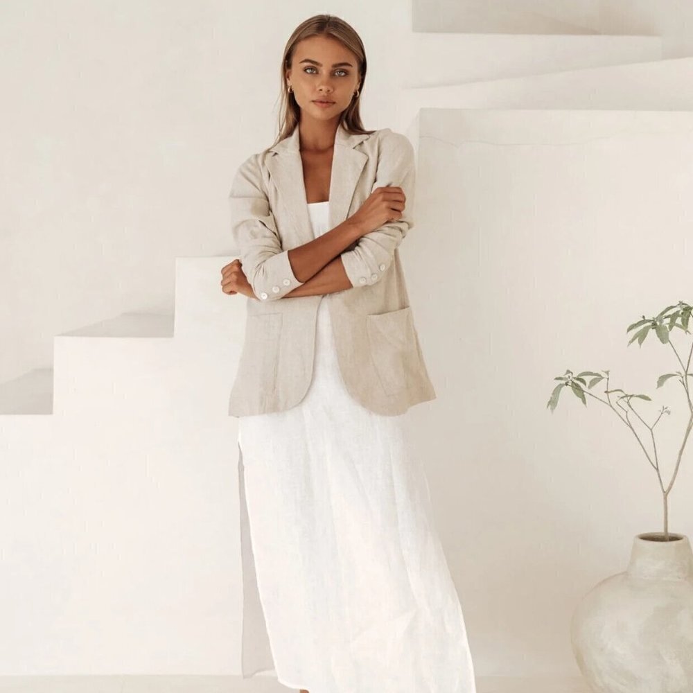 100% Linen Jacket / Blazer Free the Label Corfu Blazer Lagenlook Oatmeal Large